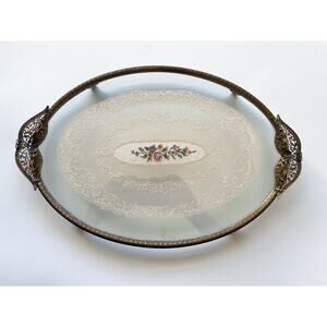 Vintage Brass & Glass Oval Vanity Dressing Tray Embroidered Lace Footed 14”